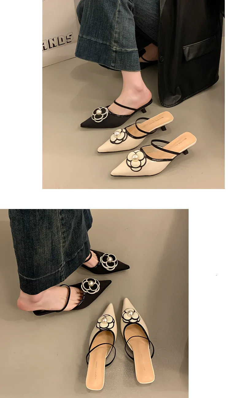 Mules eleganti da donna a punta con perle e tacco basso a spillo_voghion.com