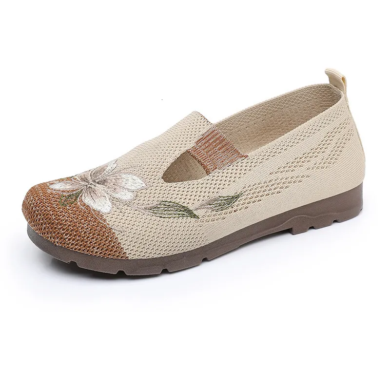 Damen-Strickschuhe mit Blumenstickerei, flaches Design zum Hineinschlüpfen, für den Alltag und Freizeit._voghion.com