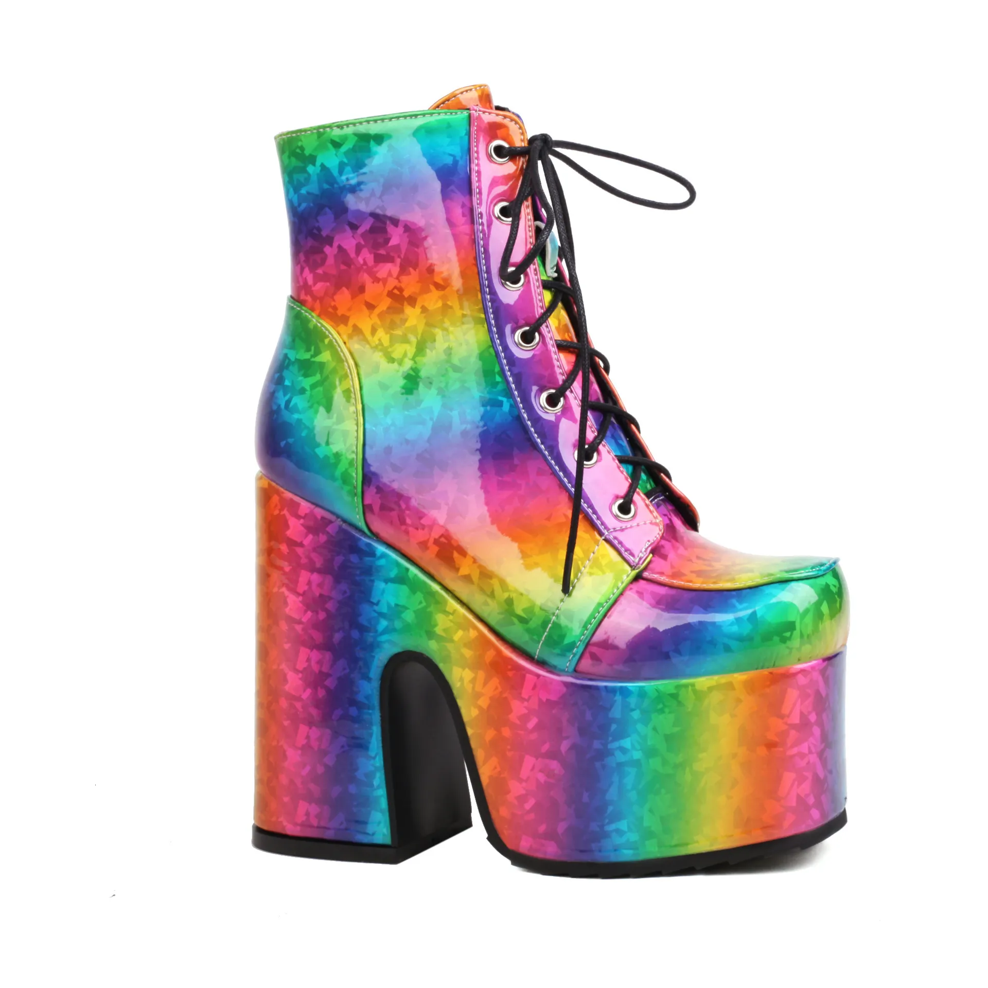 Botas de plataforma holográficas arco-íris com salto bloco_voghion.com