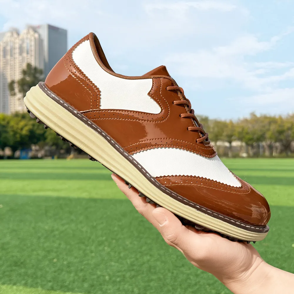 Mens Wingtip Golf Shoes Patent Leather Spikeless Non Slip Flat_voghion.com