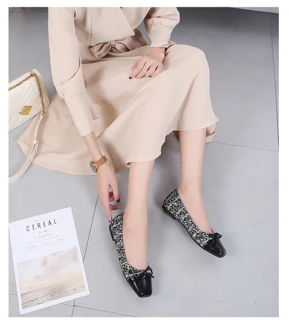 Women's Tweed Bow Flat Sandals Square Toe Leather Patchwork Office_voghion.com