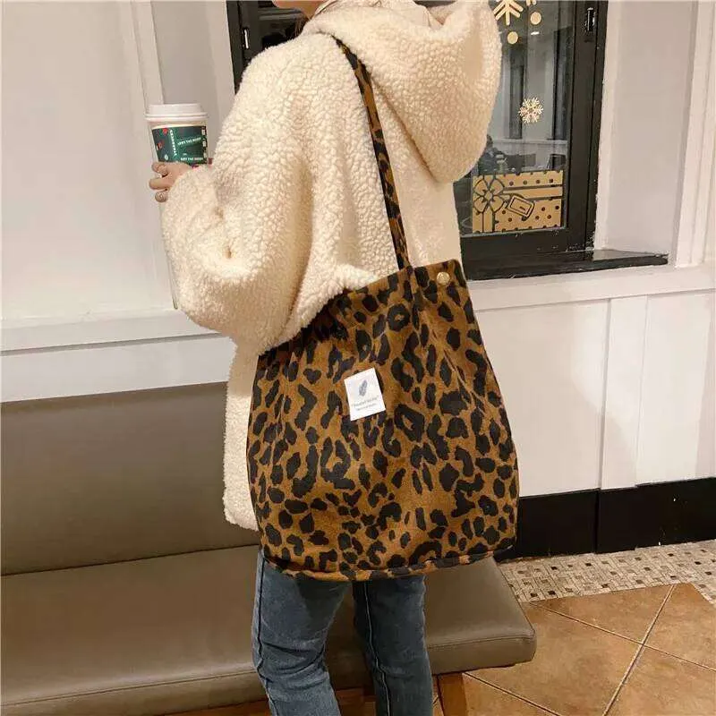 Leopard Design Corduroy Big Shoulder Bag For Women  From