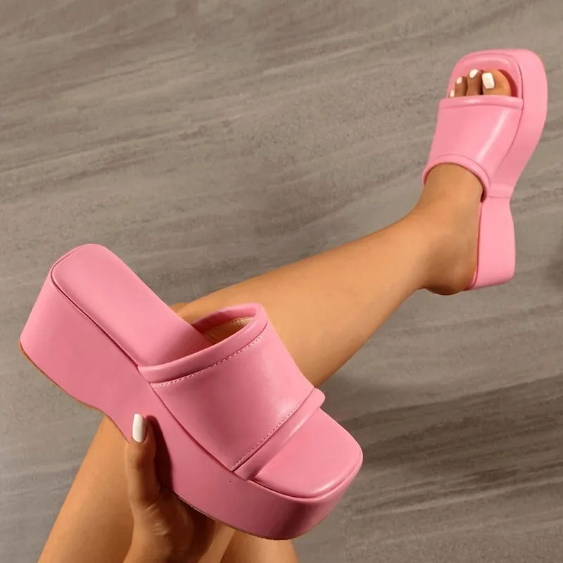 Womens Black Platform Slide Sandals Chunky Wedge Sole Open Toe Design Non Slip Outsole For Summer Daily Wear_voghion.com