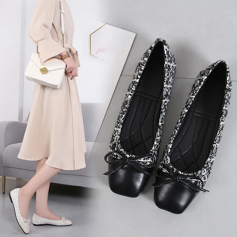 Womens Tweed Bow Flat Shoes Square Toe Leather Fabric Patchwork Design Non Slip Sole For Daily Wear And Office Occasions_voghion.com