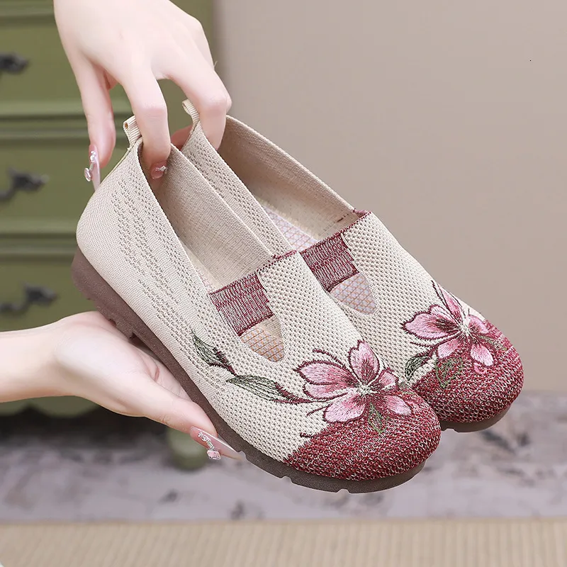 Damen-Strickschuhe mit Blumenstickerei, flaches Design zum Hineinschlüpfen, für den Alltag und Freizeit._voghion.com