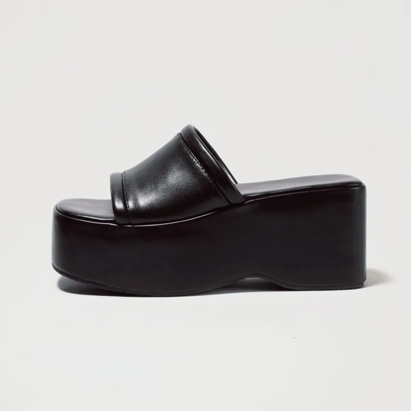 Womens Black Platform Slide Sandals Chunky Wedge Sole Open Toe Design Non Slip Outsole For Summer Daily Wear_voghion.com