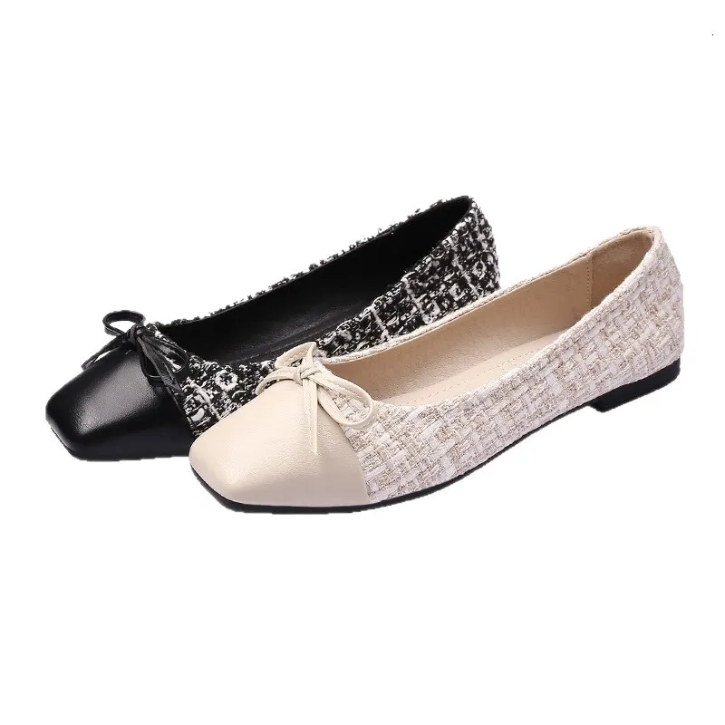 Womens Tweed Bow Flat Shoes Square Toe Leather Fabric Patchwork Design Non Slip Sole For Daily Wear And Office Occasions_voghion.com