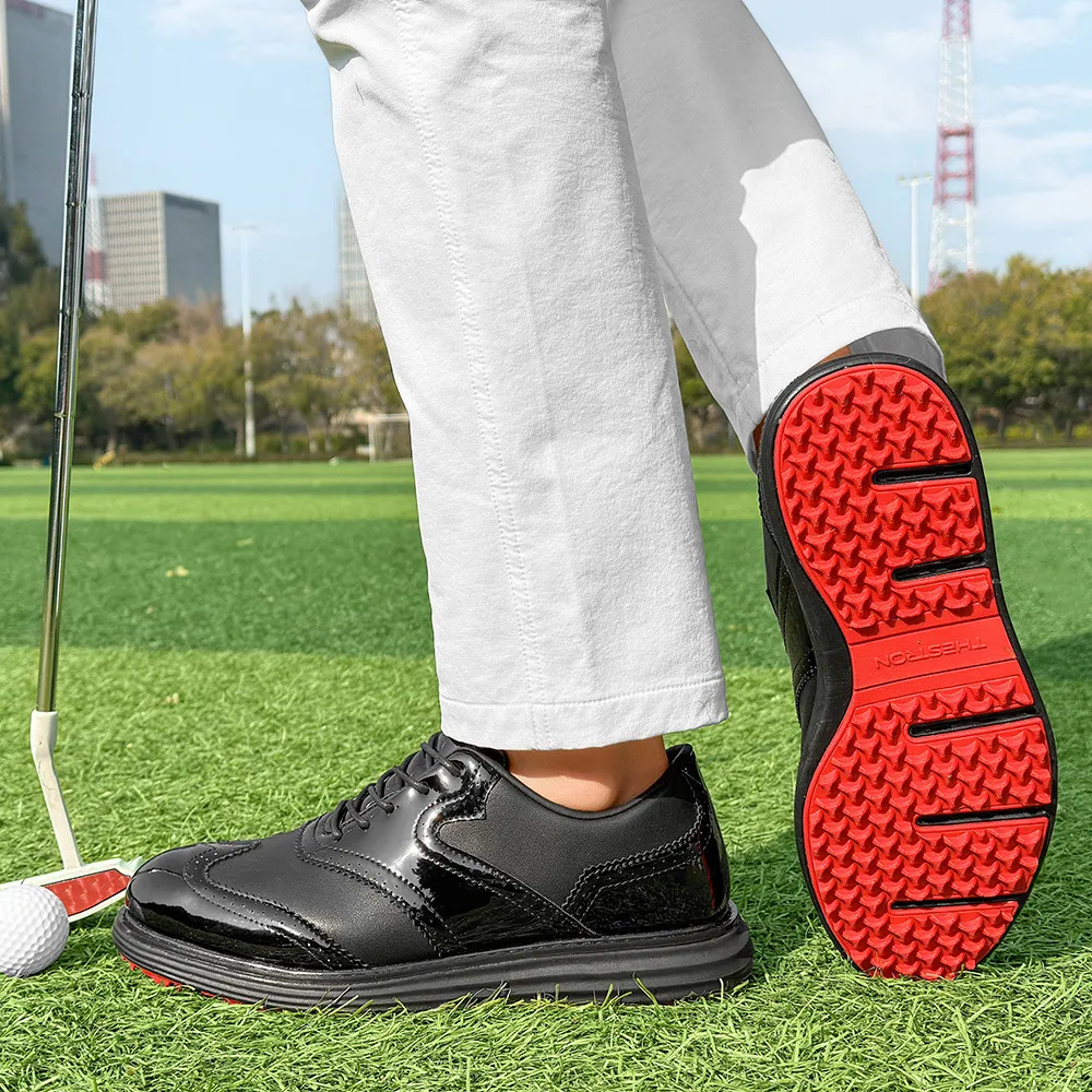 Mens Wingtip Golf Shoes Patent Leather Spikeless Non Slip Flat_voghion.com