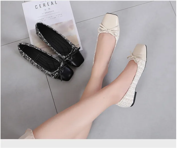 Women's Tweed Bow Flat Sandals Square Toe Leather Patchwork Office_voghion.com