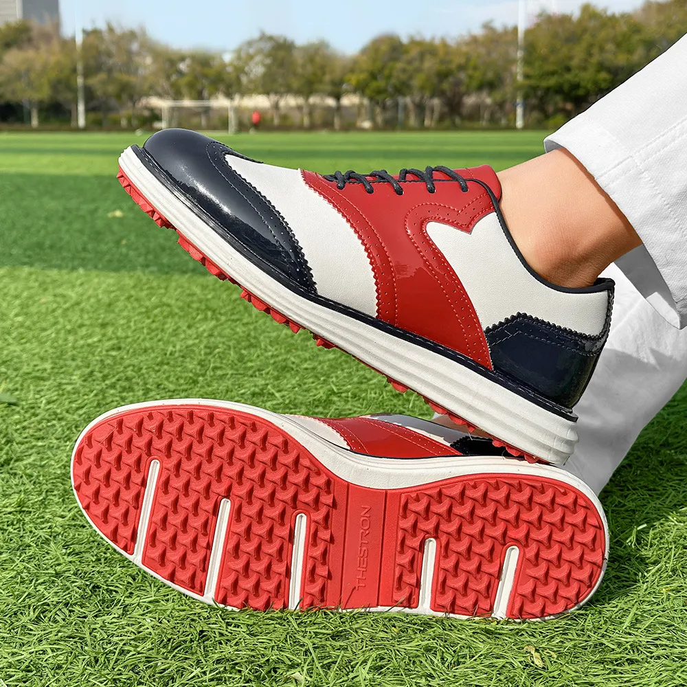Mens Wingtip Golf Shoes Patent Leather Spikeless Non Slip Flat_voghion.com