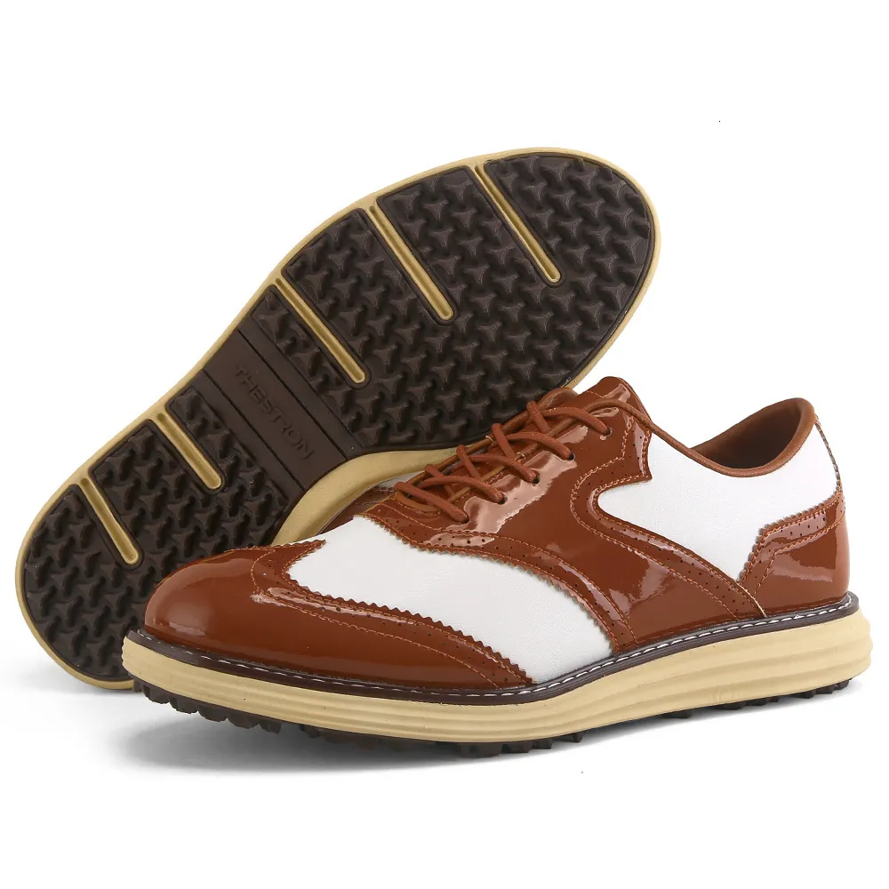 Mens Wingtip Shoes Non Slip Spikeless Outsole Patent Leather Patchwork Design For Golf Course And Casual Wear_voghion.com