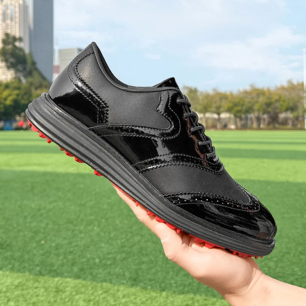Mens Wingtip Golf Shoes Patent Leather Spikeless Non Slip Flat_voghion.com