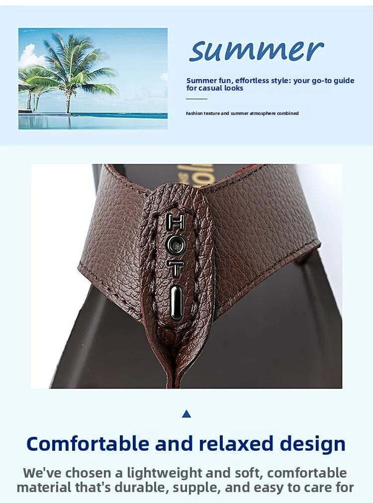 Brown Leather Flip Flops For Men Durable Sandals For Beach Wear_voghion.com