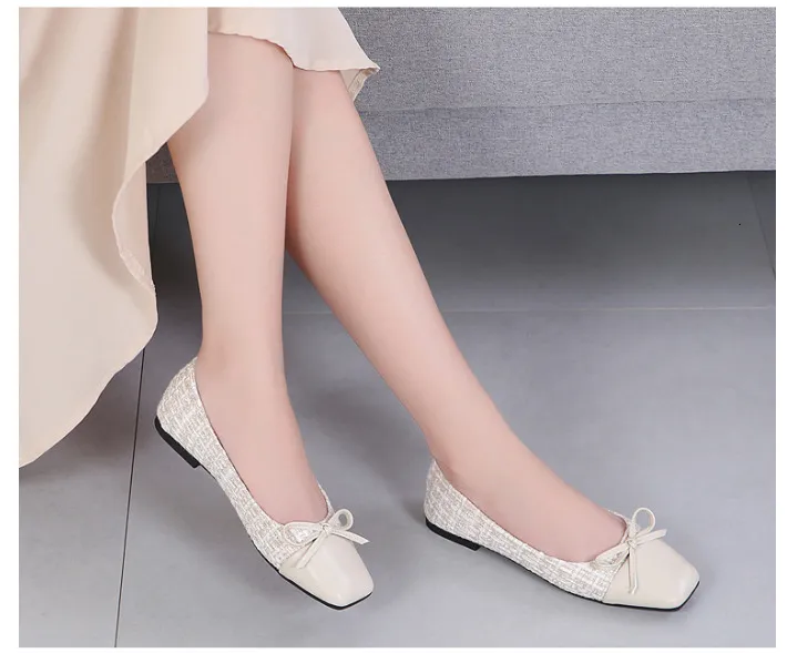 Women's Tweed Bow Flat Sandals Square Toe Leather Patchwork Office_voghion.com