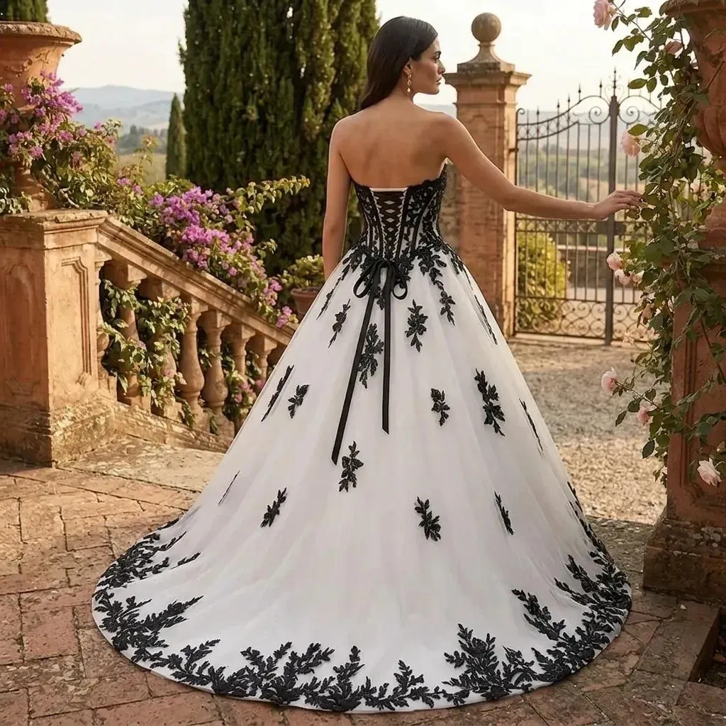 gothic black and white wedding dresses Dress Lace Appliques Sweetheart Bridal Court Train this gown will make you feel powerful Vintage Gothic Mermaid Boho Lace