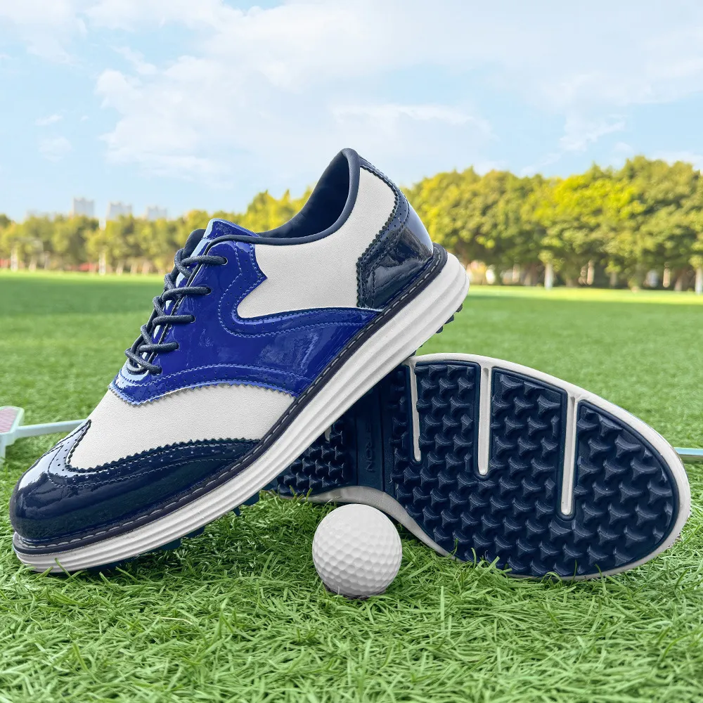 Mens Wingtip Golf Shoes Patent Leather Spikeless Non Slip Flat_voghion.com
