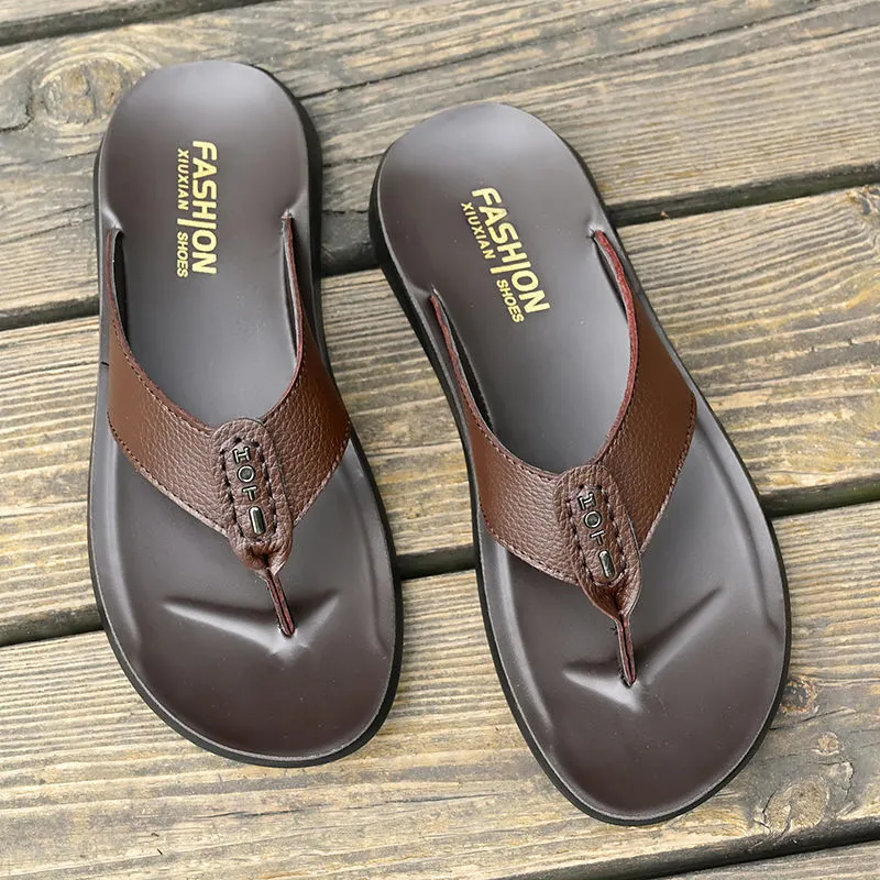 Mens Brown Leather Flip Flops Thong Design Durable Construction For Daily Wear And Beach Activities_voghion.com