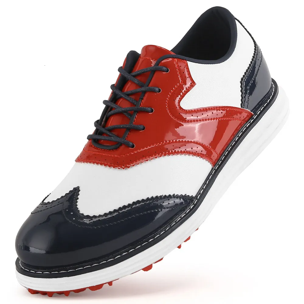 Mens Wingtip Shoes Non Slip Spikeless Outsole Patent Leather Patchwork Design For Golf Course And Casual Wear_voghion.com