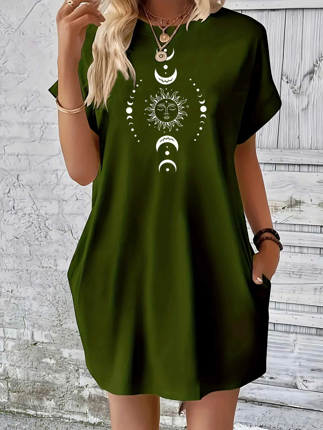 short sleeved sun dress Floral Patterned Summer Midi Linen skirt with classic shape brings lightness and elegance Summer Sun Moon Planet Printed