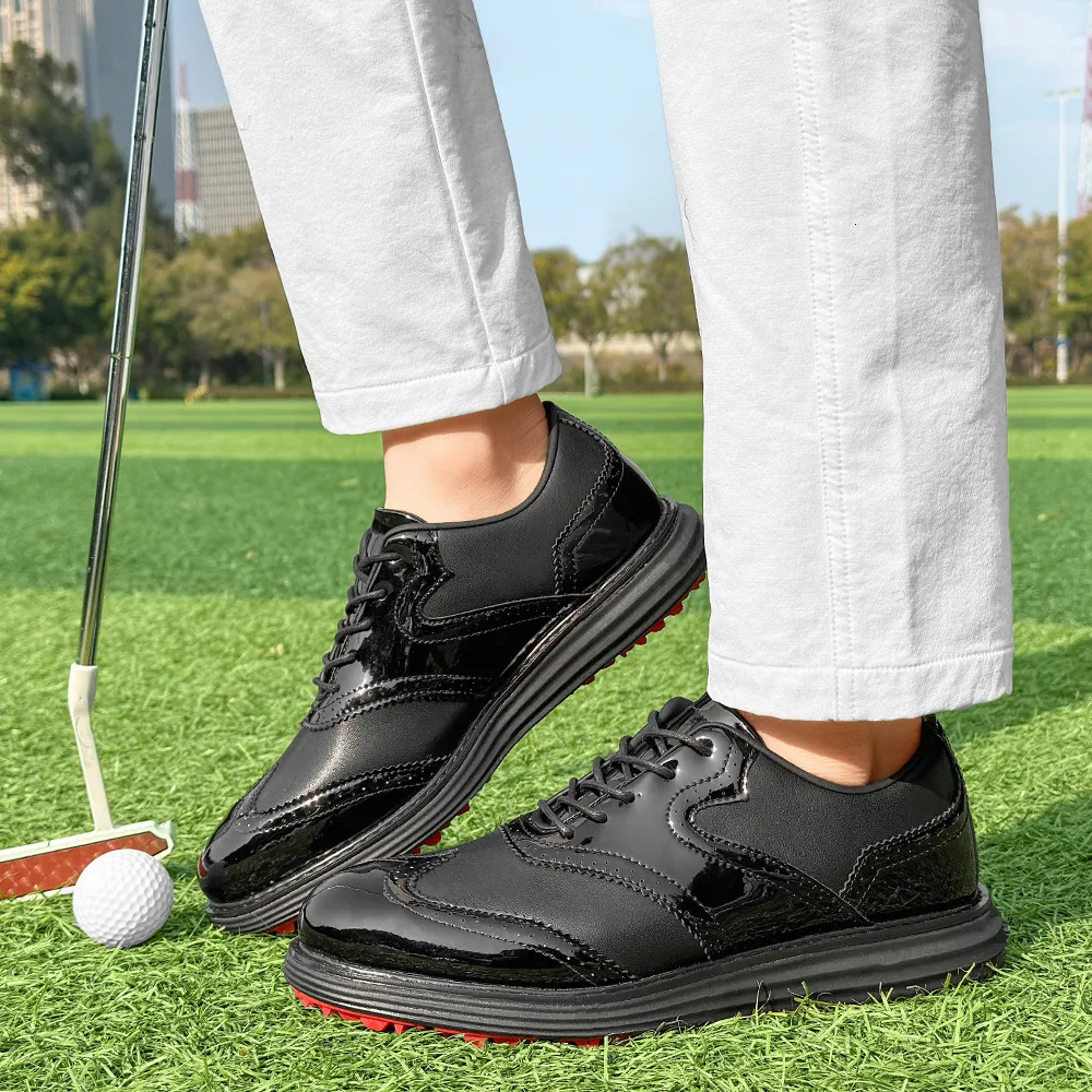 Mens Wingtip Golf Shoes Patent Leather Spikeless Non Slip Flat_voghion.com
