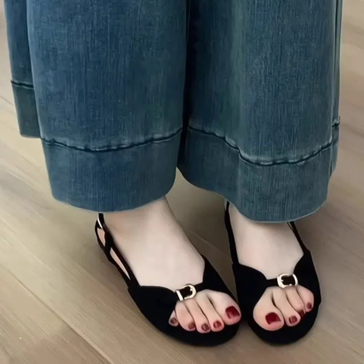 Womens Fashion Metal Buckle Flat Sandals Peep Toe Design With Slingback Strap Soft Padded Insole For Daily Commute And_voghion.com