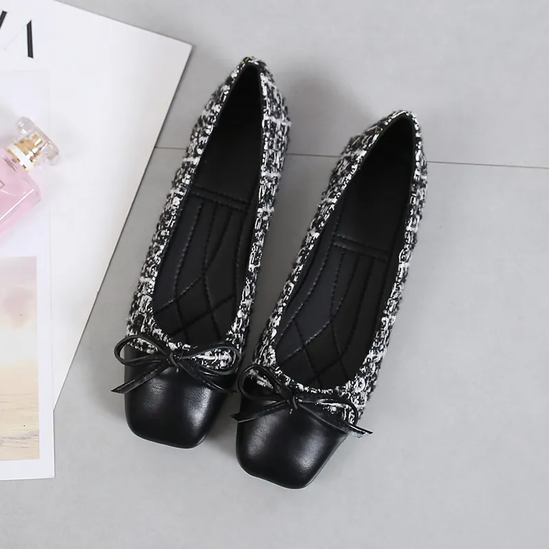 Womens Tweed Bow Flat Shoes Square Toe Leather Fabric Patchwork Design Non Slip Sole For Daily Wear And Office Occasions_voghion.com