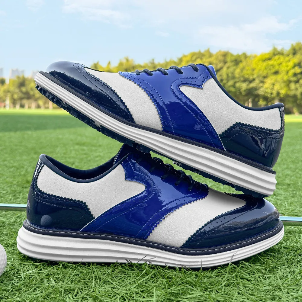 Mens Wingtip Golf Shoes Patent Leather Spikeless Non Slip Flat_voghion.com