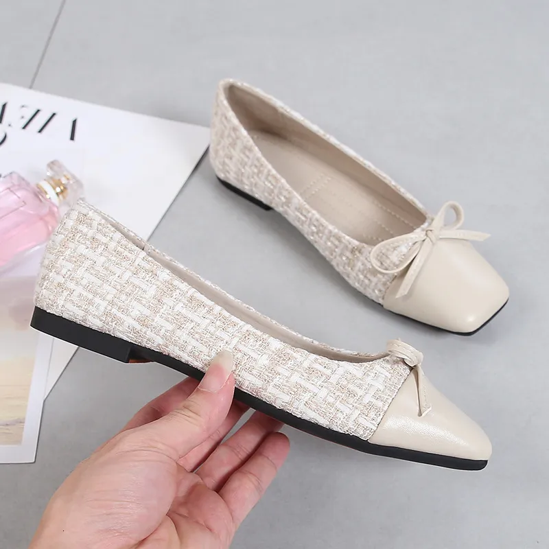 Womens Tweed Bow Flat Shoes Square Toe Leather Fabric Patchwork Design Non Slip Sole For Daily Wear And Office Occasions_voghion.com