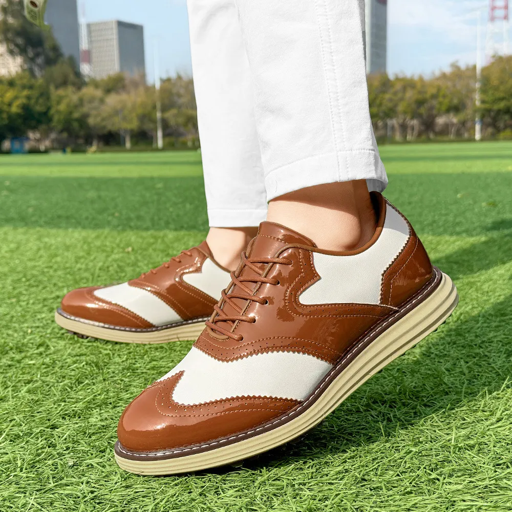 Mens Wingtip Golf Shoes Patent Leather Spikeless Non Slip Flat_voghion.com