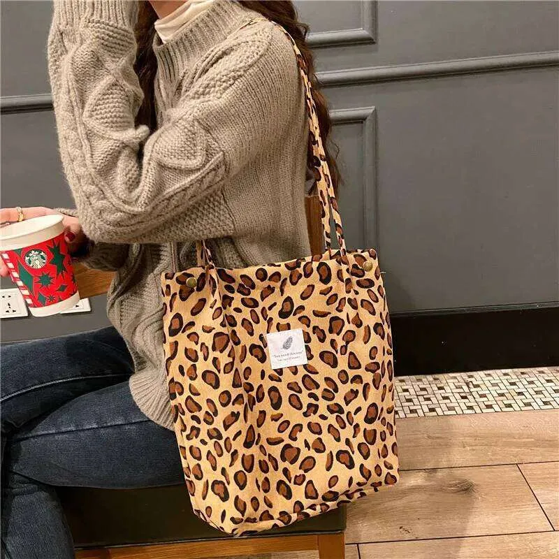 Leopard Design Corduroy Big Shoulder Bag For Women  From