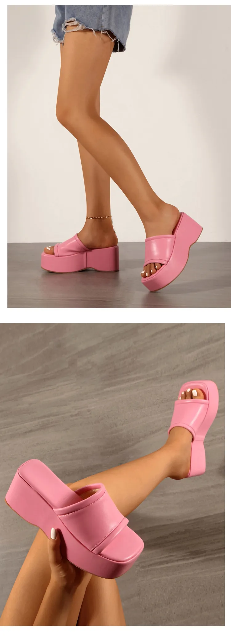 Women's Black Platform Slide Sandals Open Toe Chunky Wedge Sole_voghion.com