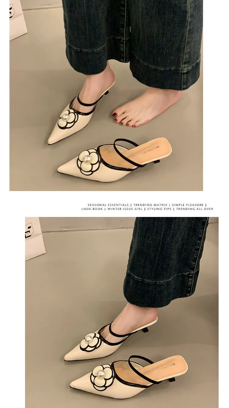 Mules eleganti da donna a punta con perle e tacco basso a spillo_voghion.com