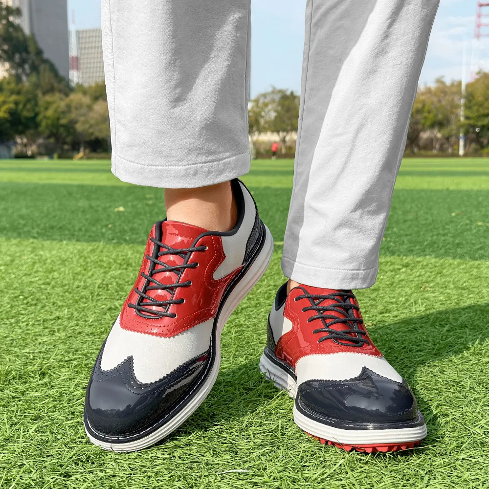 Mens Wingtip Golf Shoes Patent Leather Spikeless Non Slip Flat_voghion.com