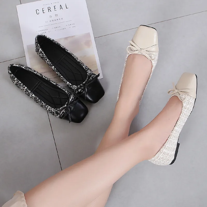Womens Tweed Bow Flat Shoes Square Toe Leather Fabric Patchwork Design Non Slip Sole For Daily Wear And Office Occasions_voghion.com