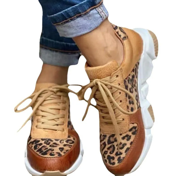 Womens Leopard Print Chunky Sneakers Leather Fabric Upper Lace Up Design Non Slip Thick Sole For Streetwear And Daily_voghion.com