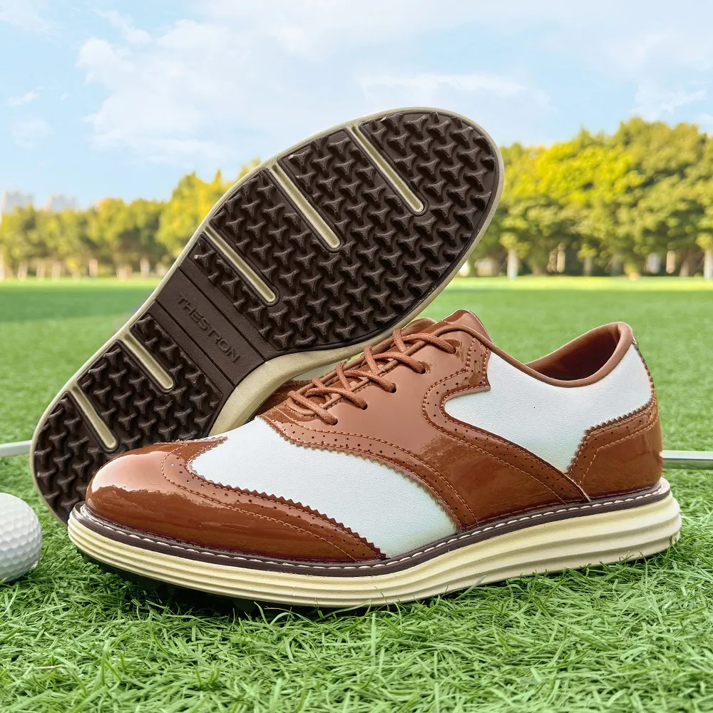 Mens Wingtip Golf Shoes Patent Leather Spikeless Non Slip Flat_voghion.com