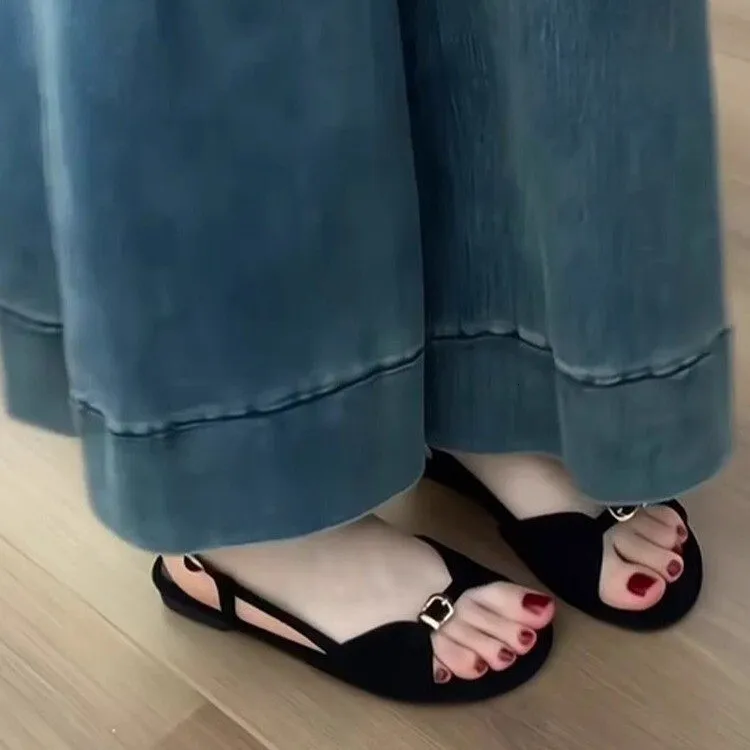 Women's Flat Sandals With Metal Buckle And Slingback Strap_voghion.com