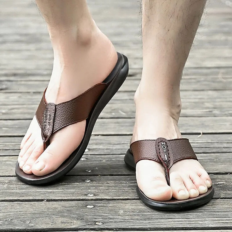 Mens Brown Leather Flip Flops Thong Design Durable Construction For Daily Wear And Beach Activities_voghion.com