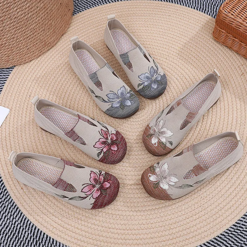 Damen-Strickschuhe mit Blumenstickerei, flaches Design zum Hineinschlüpfen, für den Alltag und Freizeit._voghion.com