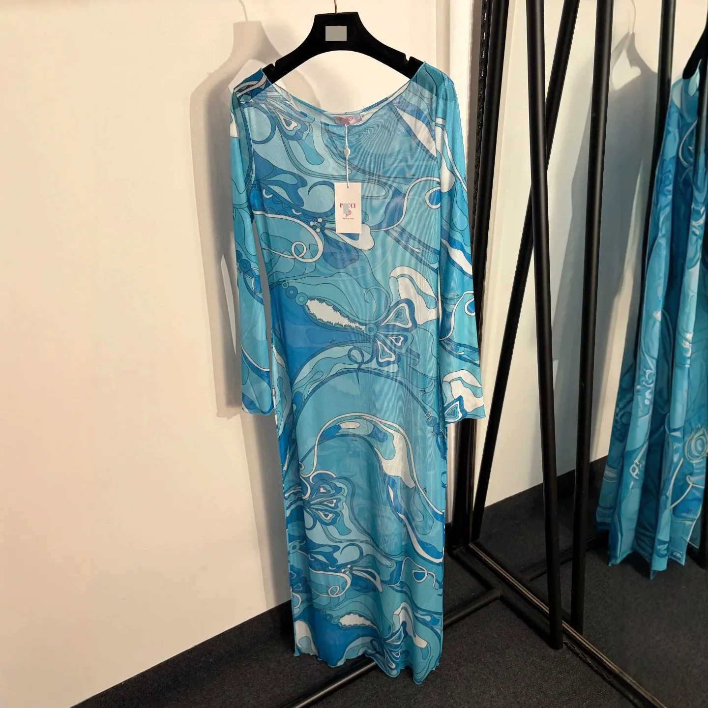 Women Y2K See Through Long Sleeve Mesh Abstract Print Maxi Dress Designer Style Retro Casual Party Cover Up