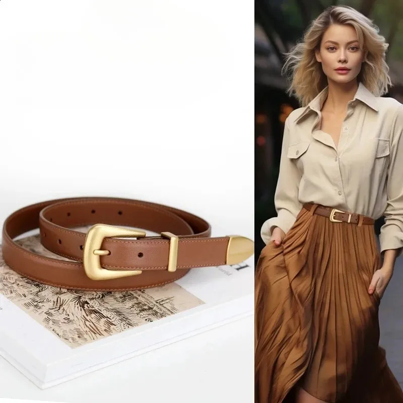 Genuine Leather Belt For Women Burgundy Gold Buckle Y  display picture 2
