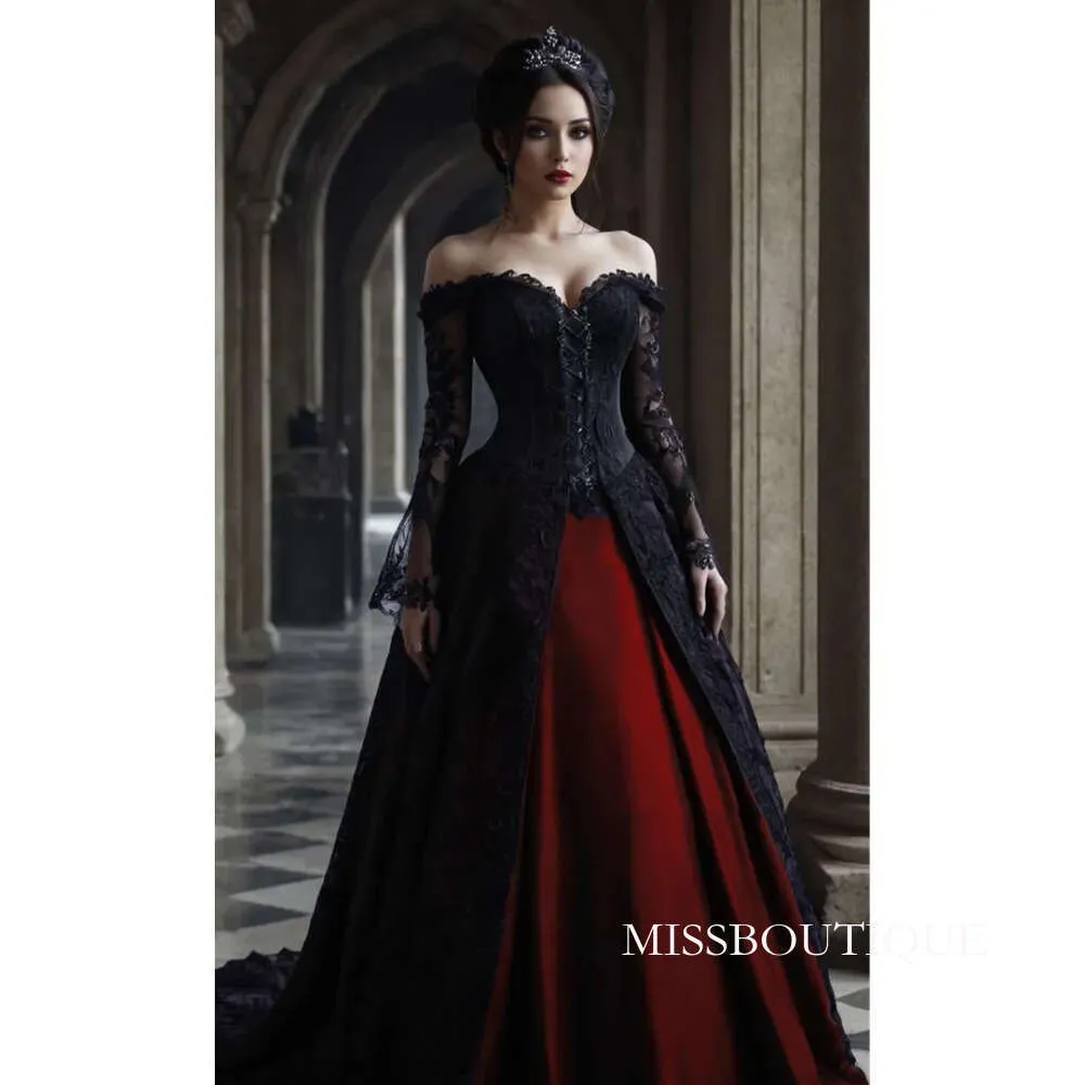 gothic black and red wedding dresses Vintage with 3D Floral Appliques, A-Line Lace, and Detachable Long Sleeves snow white wedding dresses Vintage Gothic Off Shoulder Gothic