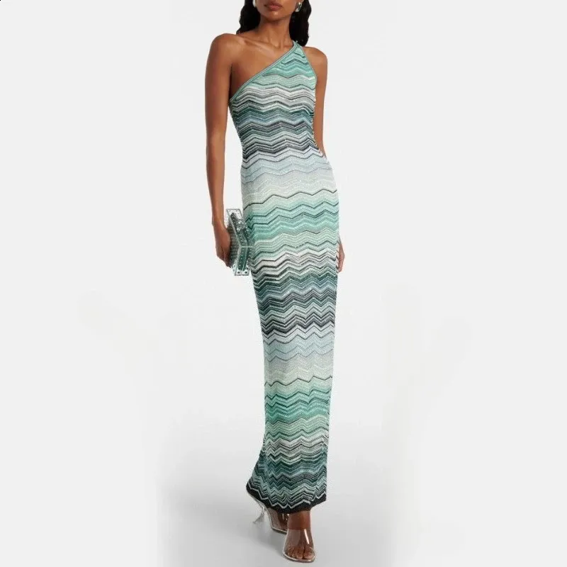 Teal Green Gradient Zigzag Print One Shoulder Maxi... From Dou02, Rs.8,077.71 In Bulk