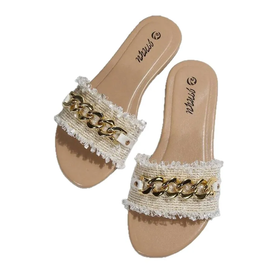 Women’s Flat Sandals With Metal Chain Buckle And Round Toe_voghion.com