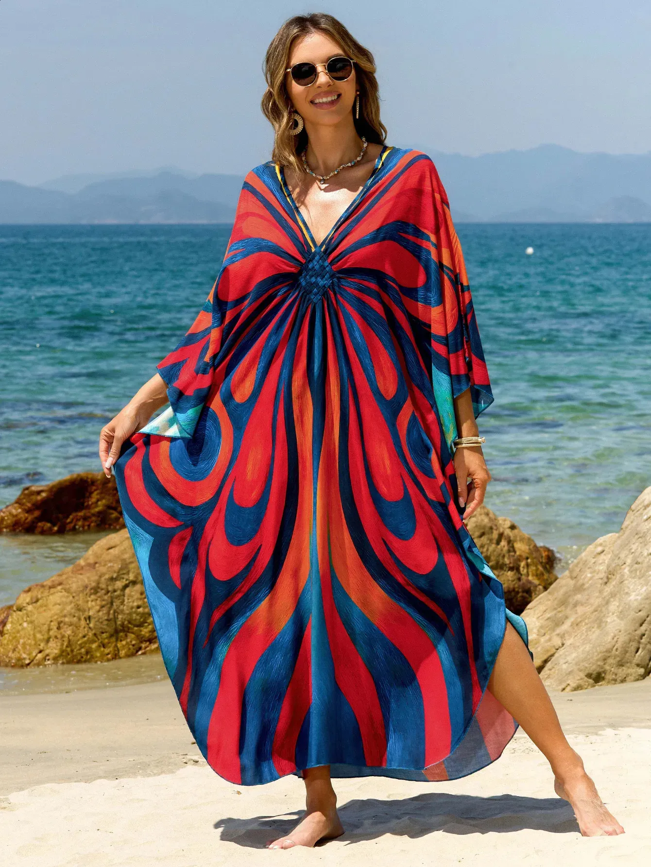 swing dress beach cover up Plus Size Cover-Up Dress, Hand-Woven Rose Butterfly Print Kaftan, Style Swimsuit Coverups kaftan beach cover ups