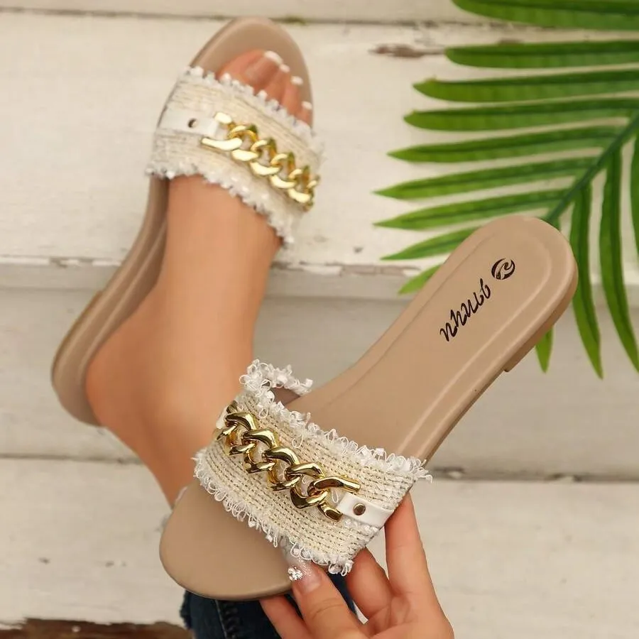 Women’s Flat Sandals With Metal Chain Buckle And Round Toe_voghion.com