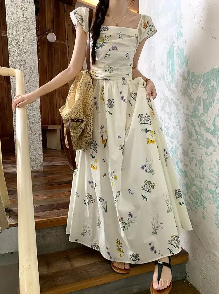 floral korean beach long dress Summer Print Maxi Square Collar Sleeveless Style Commute Tea Break Vacation Gown 260519 Black Strappy Corset Shift Holiday Dresses App Size:US Size 24W