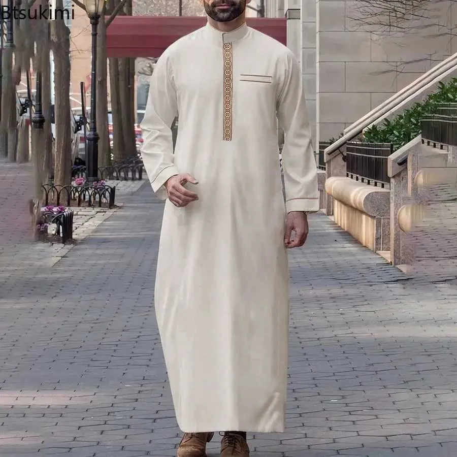 muslim dress for men 3pc Sets Abaya Robe+Turban+Headband O Neck White Islamic Saudi Arab Prayer Ramadan Clothing Dubai Kaftan Welcome to Dovford store Mens Muslim Robe Arab Middle Robe Long Style Long Sleeve Embroidered Standing Neck Pocket Long Shirt Fashion Casual Robe Features SHUKR Islamic Clothing for Muslim