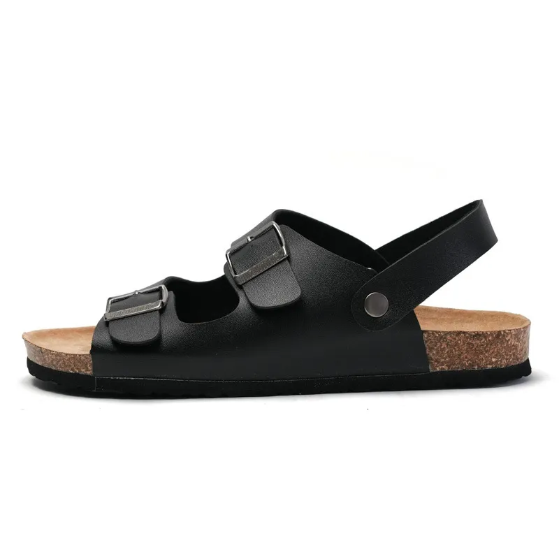 RUIZUSTOCK Men Classic Black Double Buckle Back Strap Cork Sandals PU Leather For Indoor And Outdoor_voghion.com