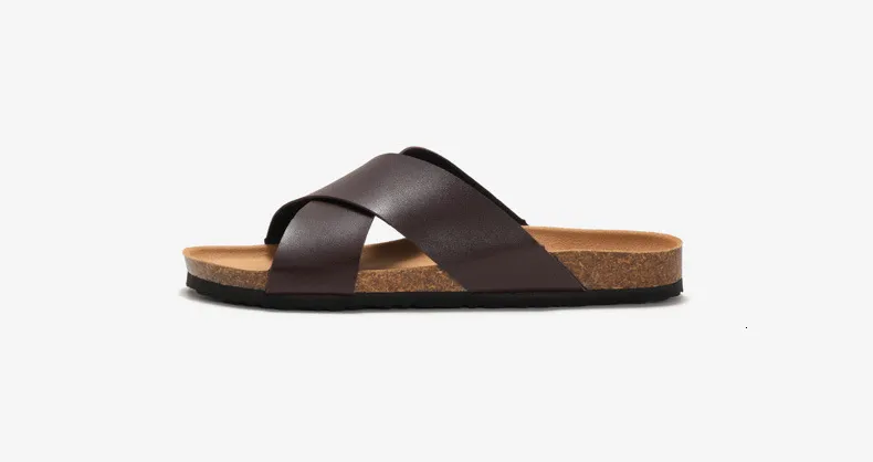 Classic Men Brown Cross Strap Sandals Open Toe Cork Footbed Slides_voghion.com